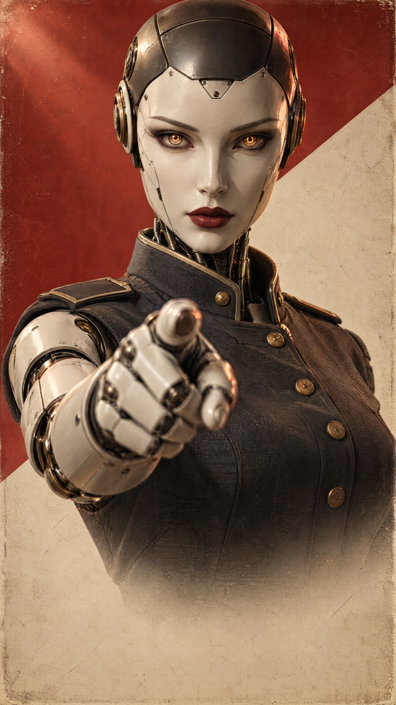Android officer in a military coat pointing at the camera against a red and cream poster background
