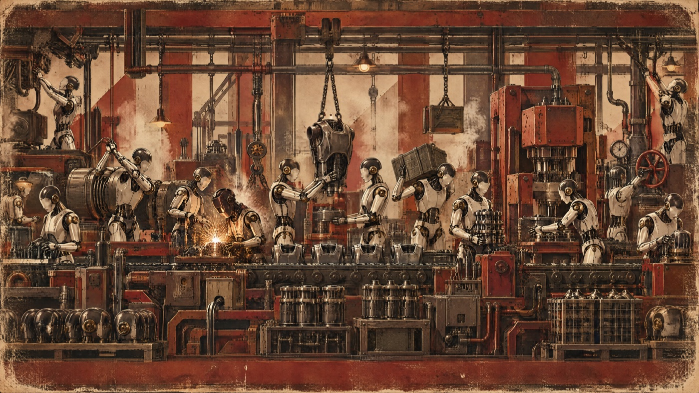 A production line of about twenty androids at work stations, busy across the full width