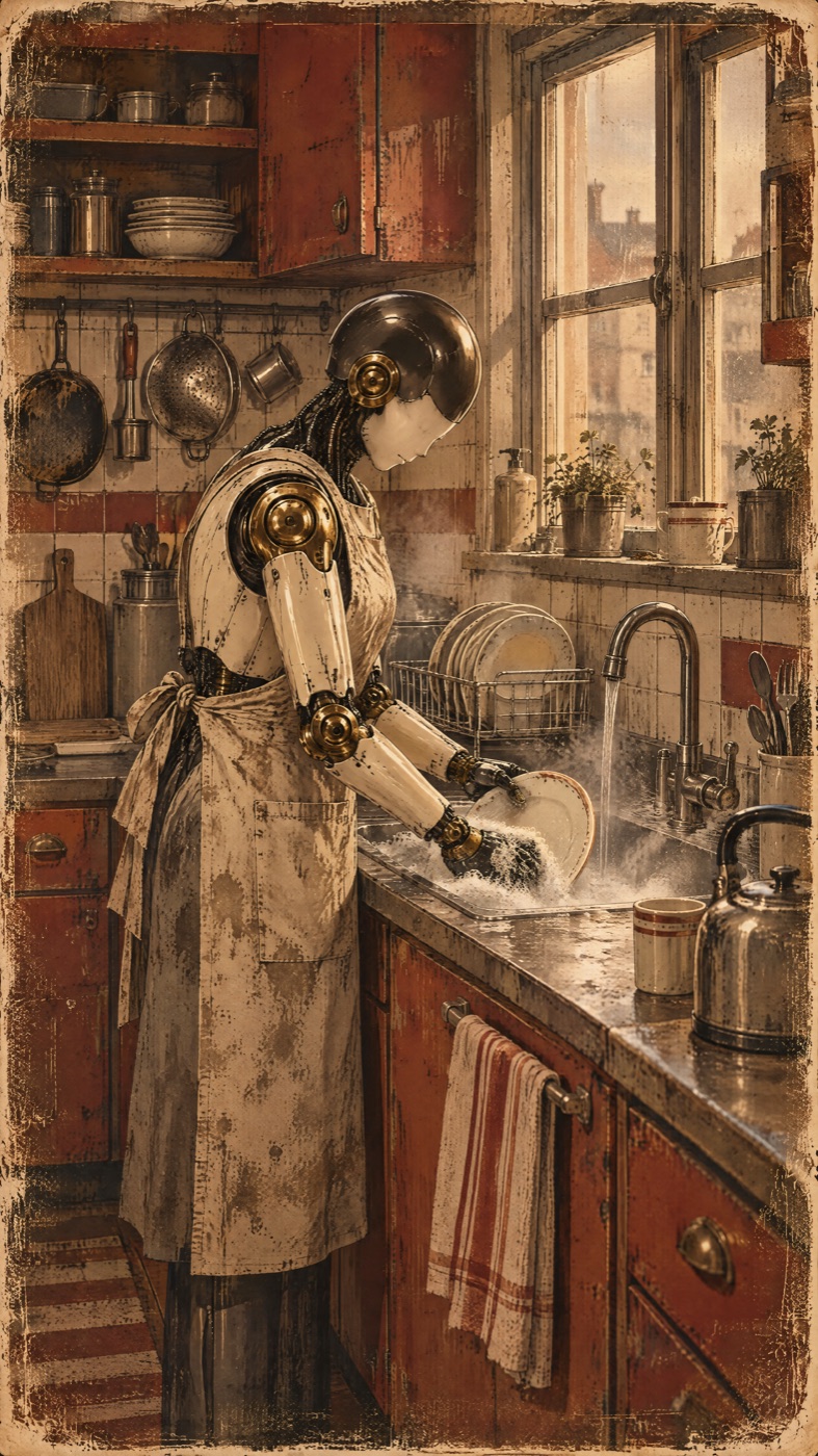 A single house android in an apron washing dishes at a domestic kitchen sink, head bowed