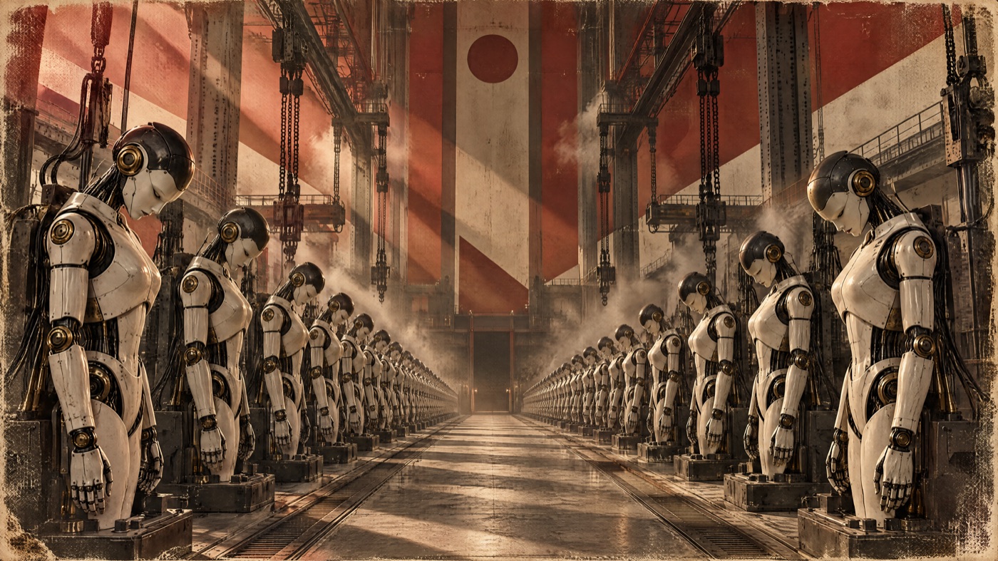 Rows of androids in a factory hall with a red disc and radiating stripes on the back wall