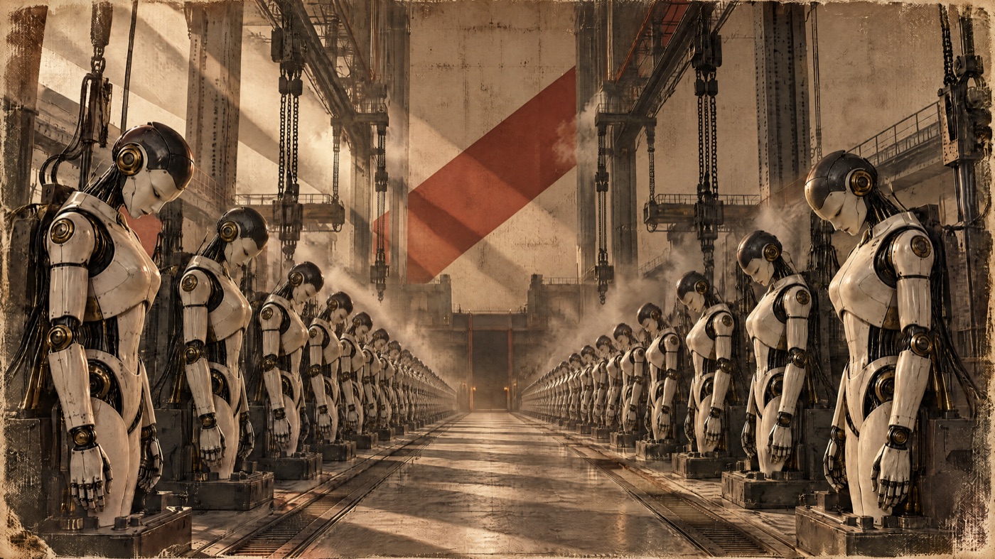 The same factory hall with the flag replaced by plain concrete and a single red diagonal band