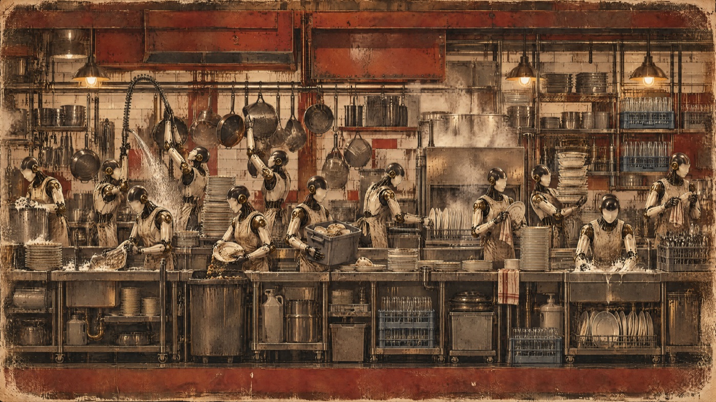 A long restaurant dish pit with fifteen androids washing up, edge to edge