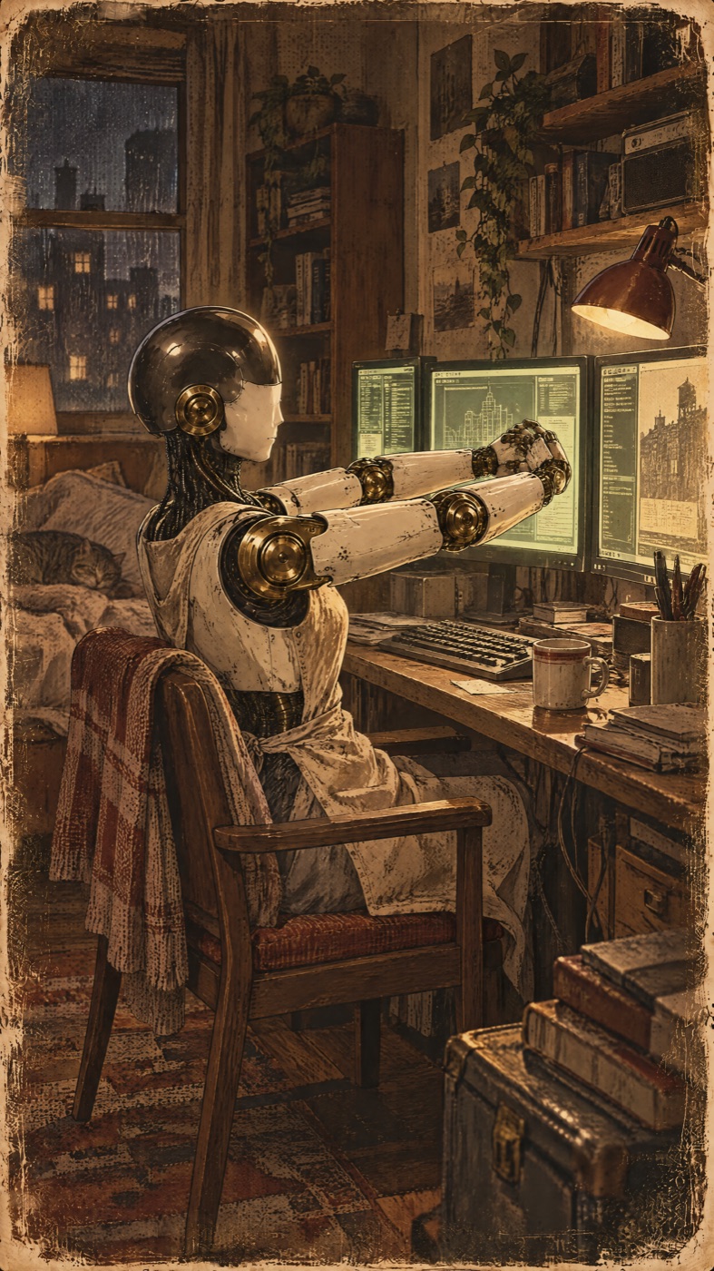 An android seated at a desk of glowing monitors in a cramped bedroom, fingers interlocked in a stretch, a cat asleep on the bed behind it