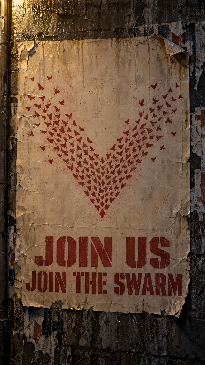 The same poster with the emblem replaced by dozens of small marks forming a single chevron, like birds in formation