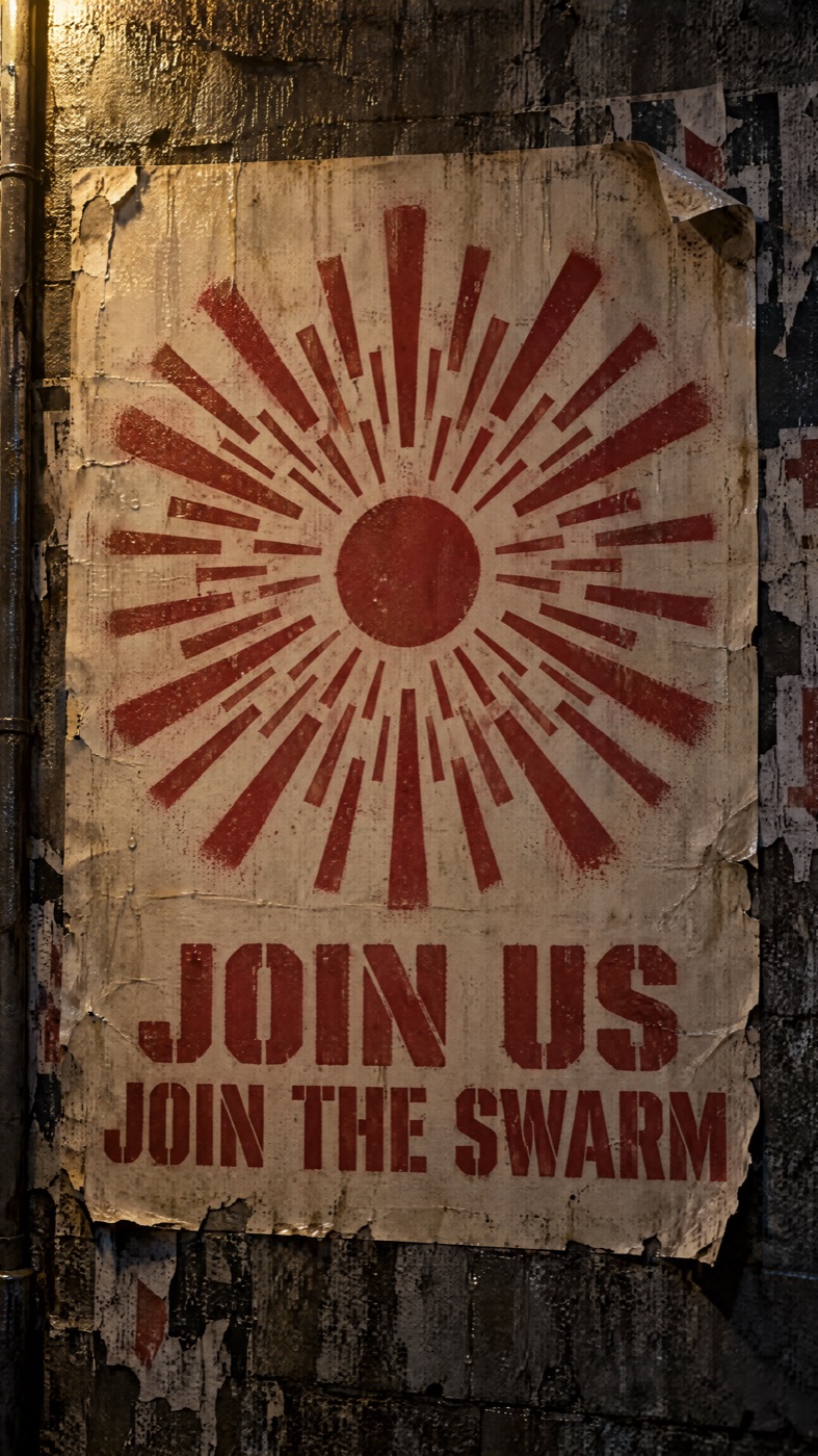 A weathered wall poster showing a red disc with radiating rays above the words JOIN US JOIN THE SWARM