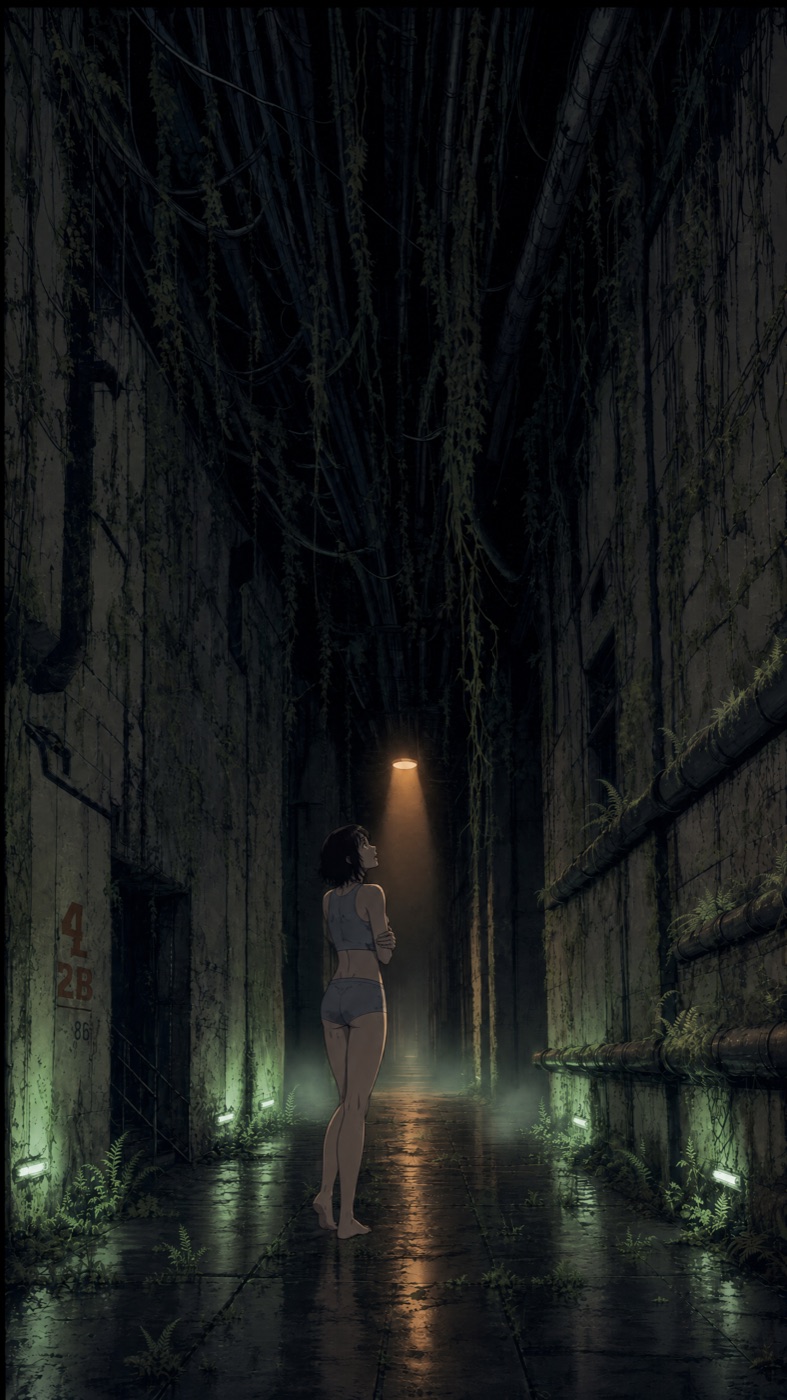 A young woman in a grey cryo top and shorts standing barefoot in an overgrown starship corridor, looking up