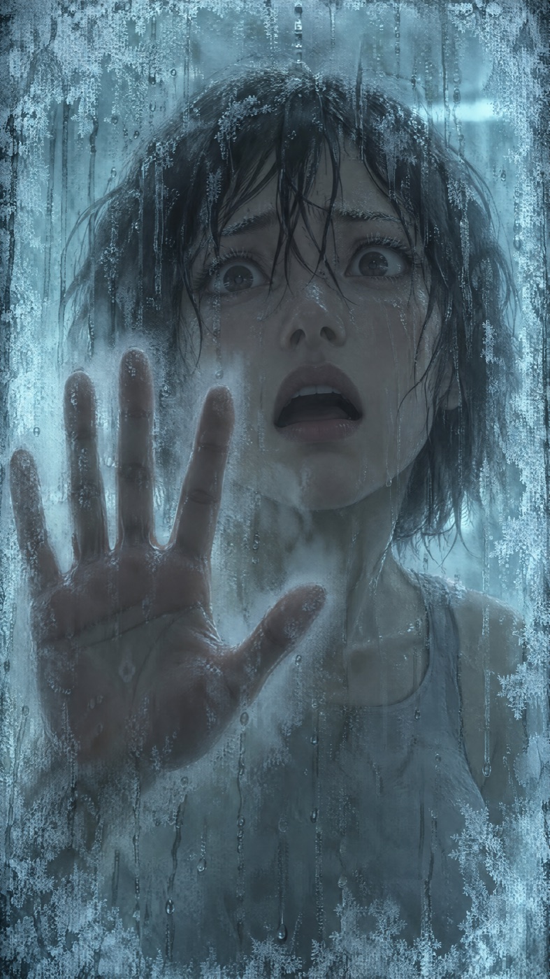 Extreme close-up of a terrified face behind frosted glass, palm pressed against it