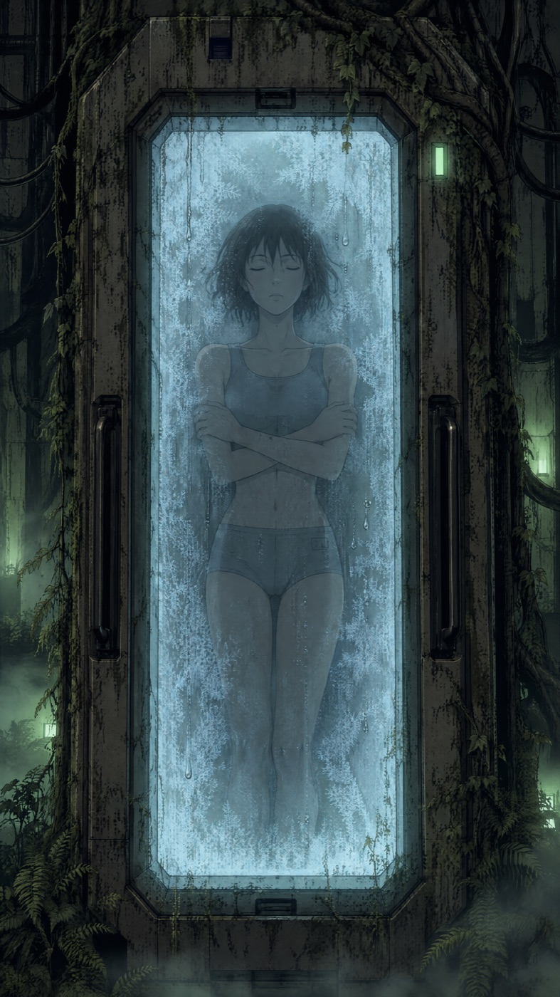 The woman asleep upright inside a sealed frosted cryopod, arms crossed, forest and vines outside