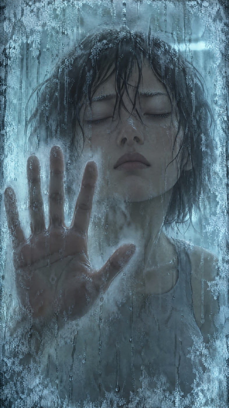 Sleeping face behind frosted glass with a hand still pressed on the glass