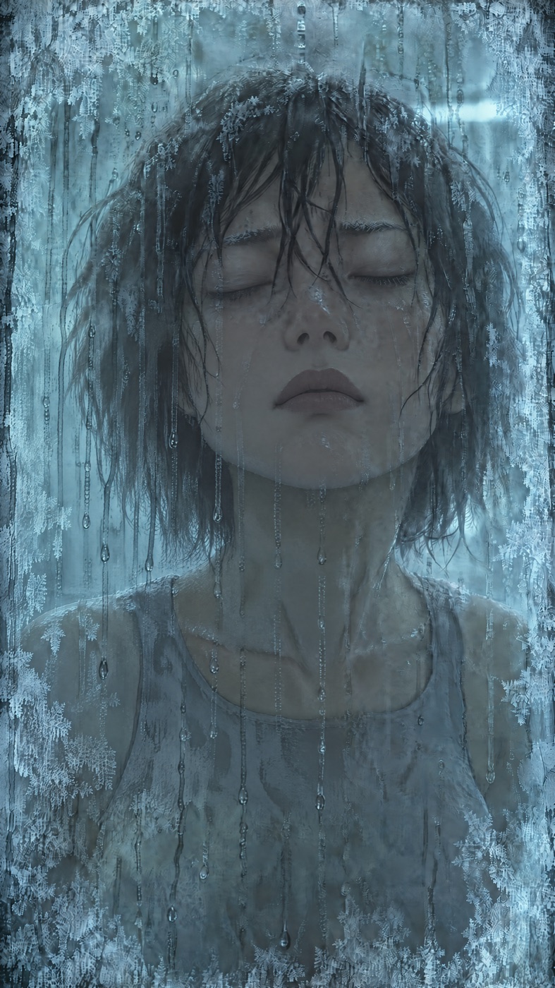 Sleeping face behind frosted glass, no hand, soft rendered look