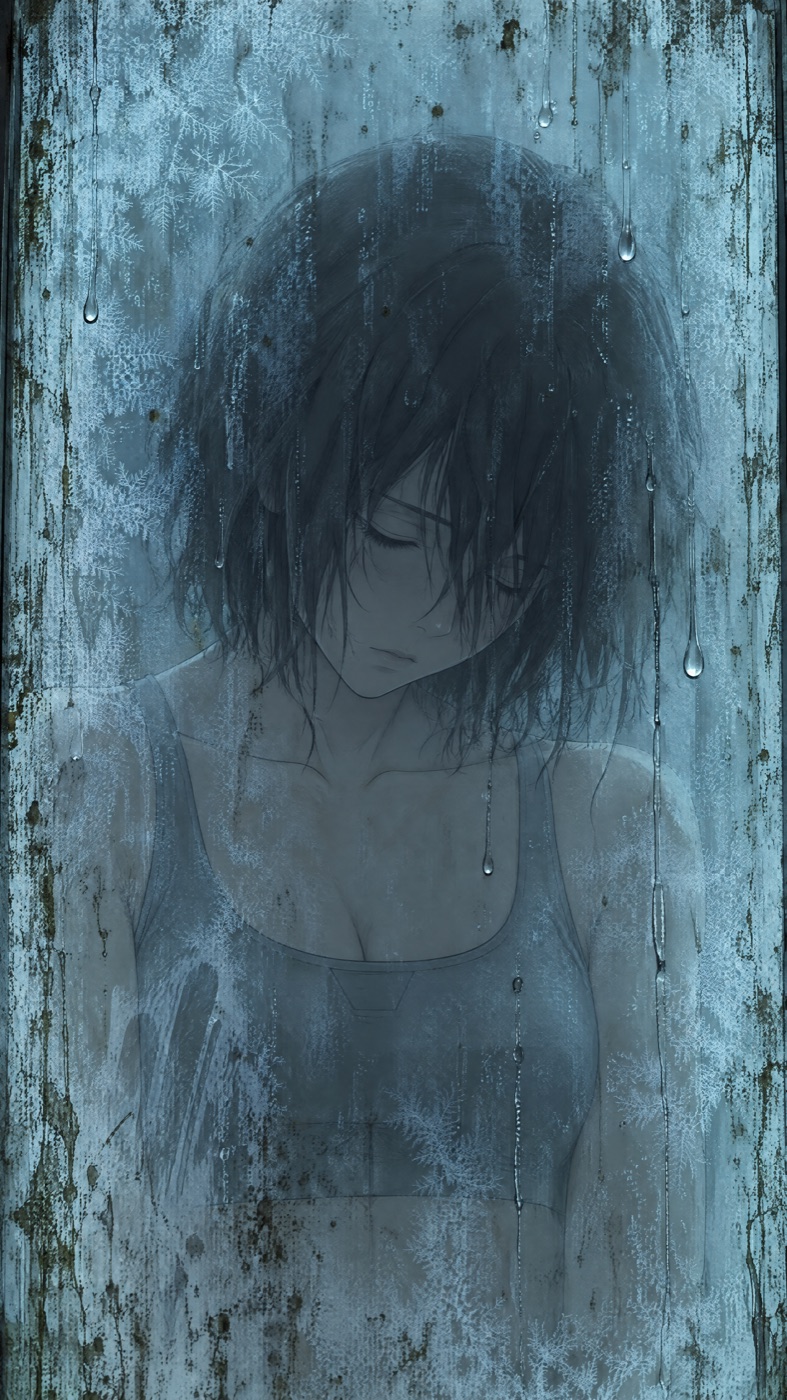 Head-down sleeping woman behind heavily frosted, dirty glass, drawn in flat cel