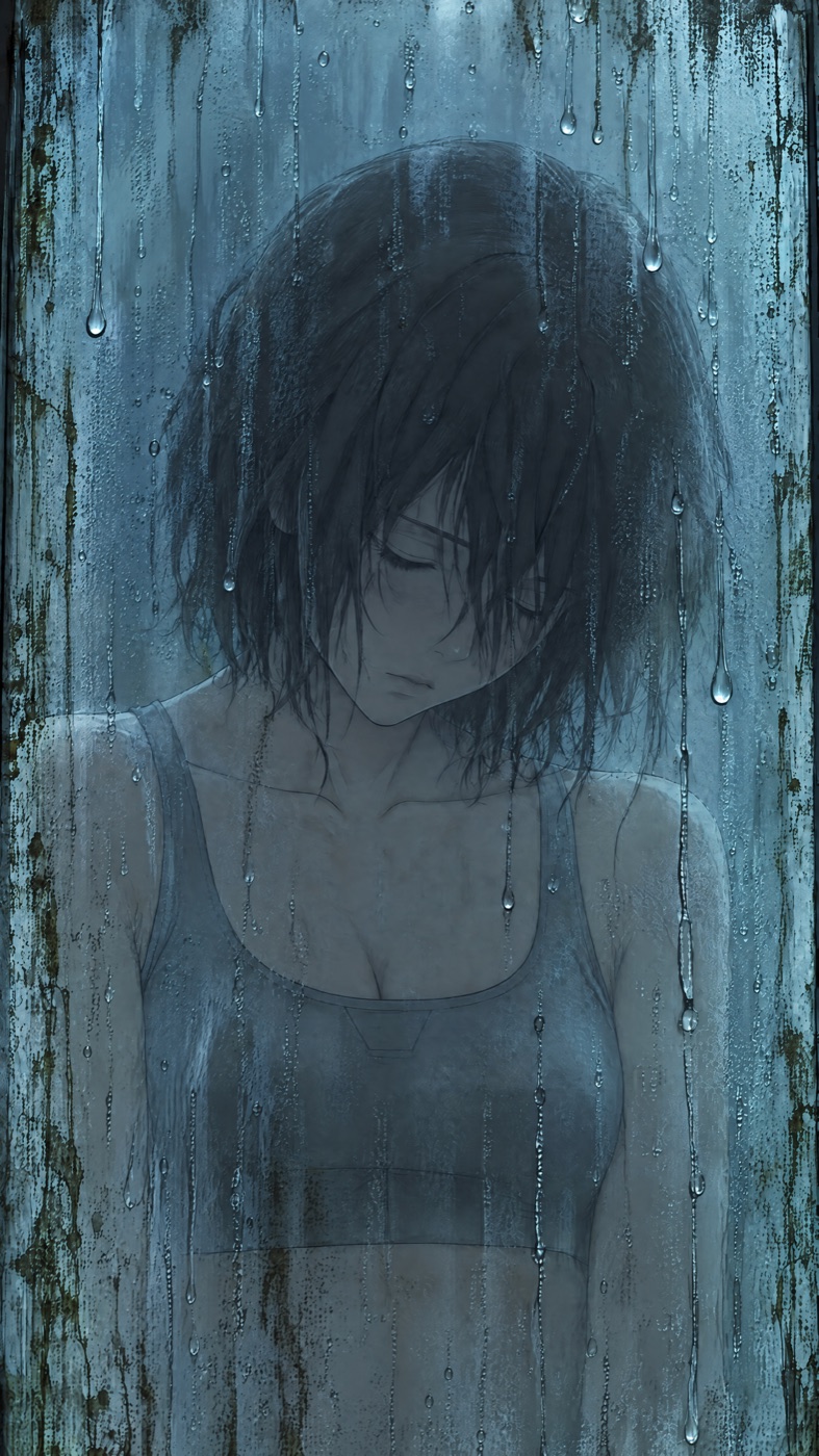 The same head-down sleeper behind wet, streaked glass with the frost mostly gone
