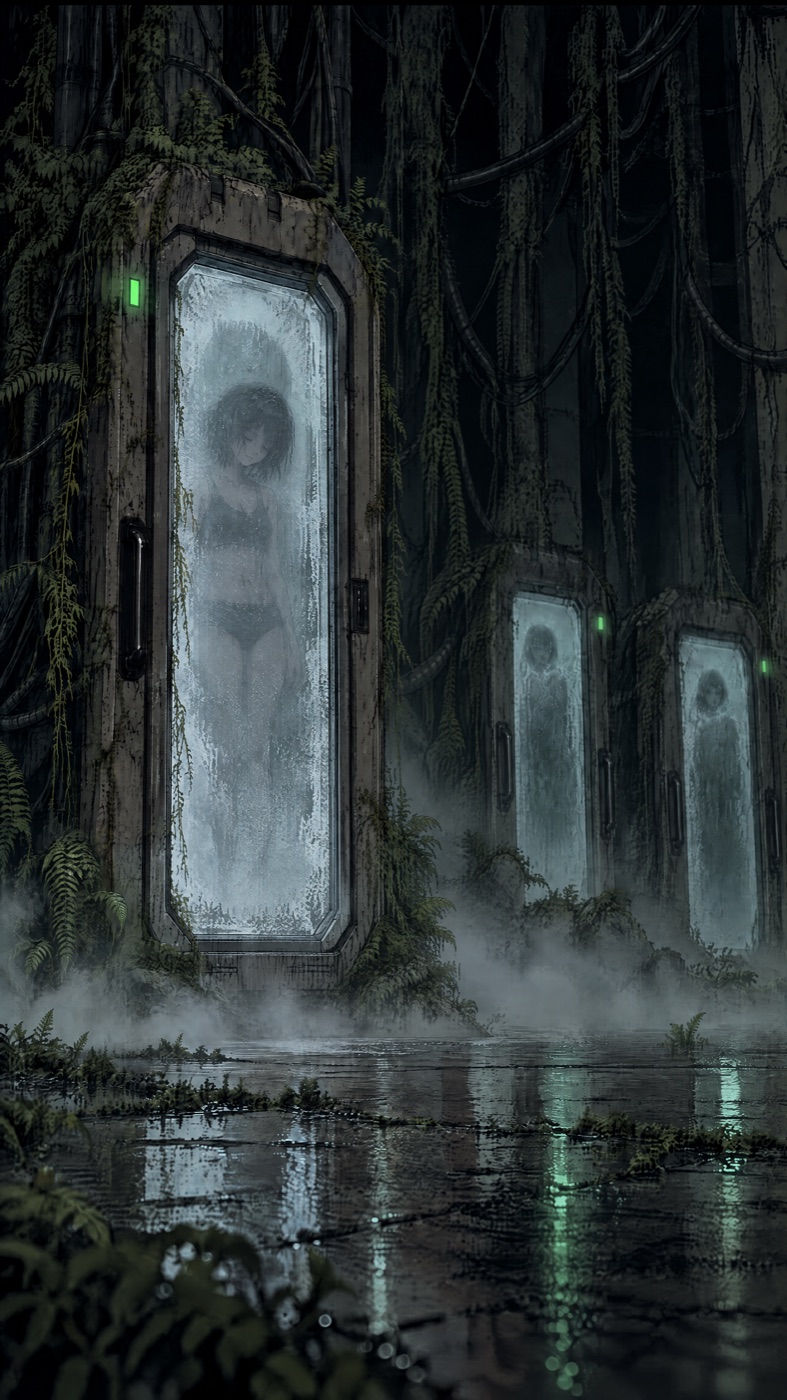 A sealed cryopod among trees with a pale figure visible behind the frost, empty wet floor in front