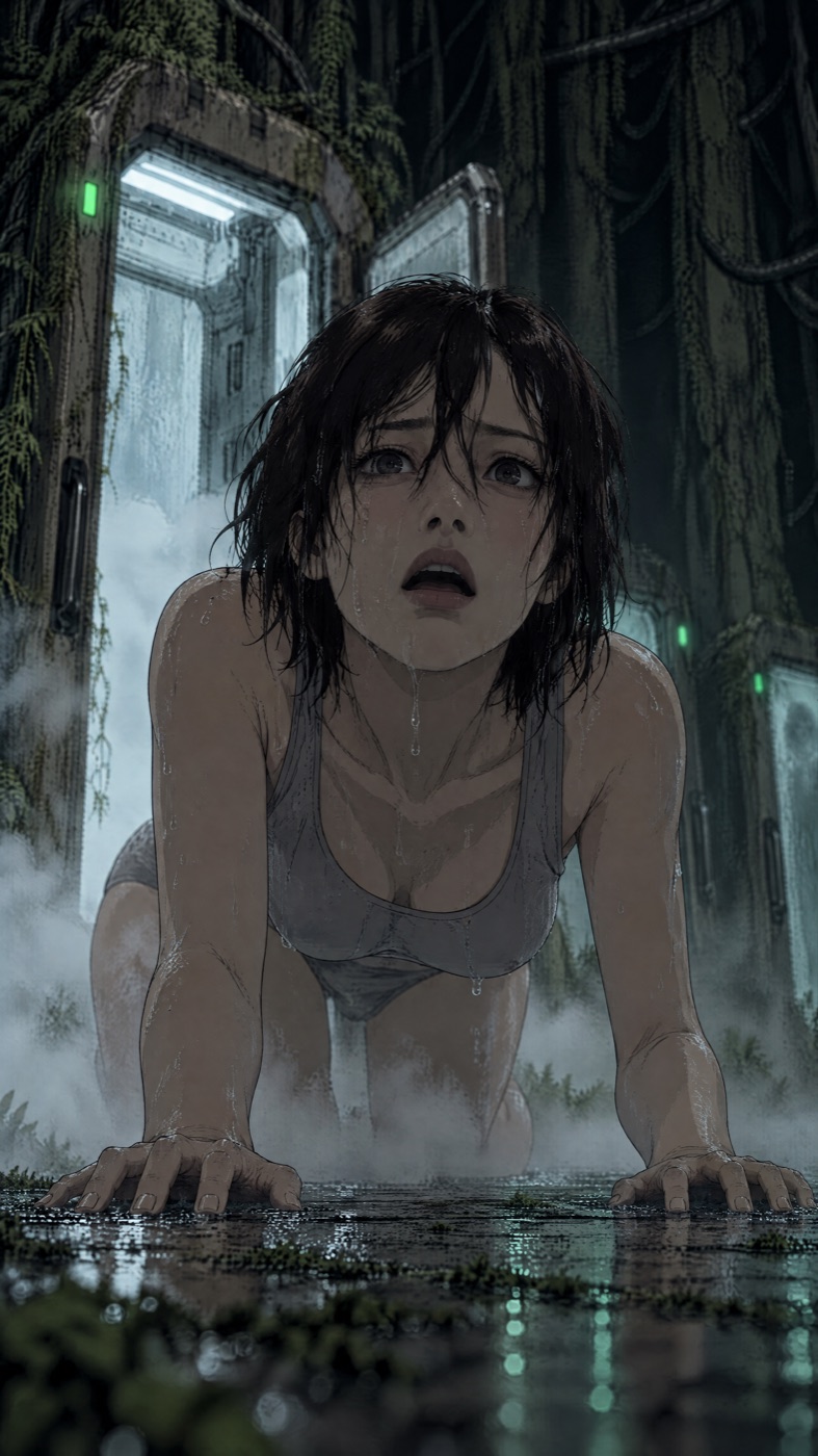 Floor-level front view of the woman on hands and knees, head lifting, mouth open, pod and fog behind