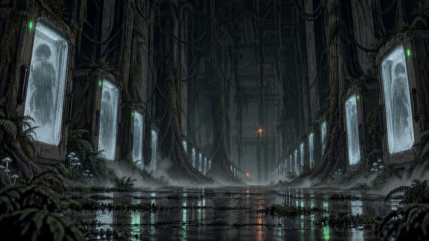 Wide low view down a hall of frosted cryopods among giant tree trunks, mist on standing water, a distant orange light