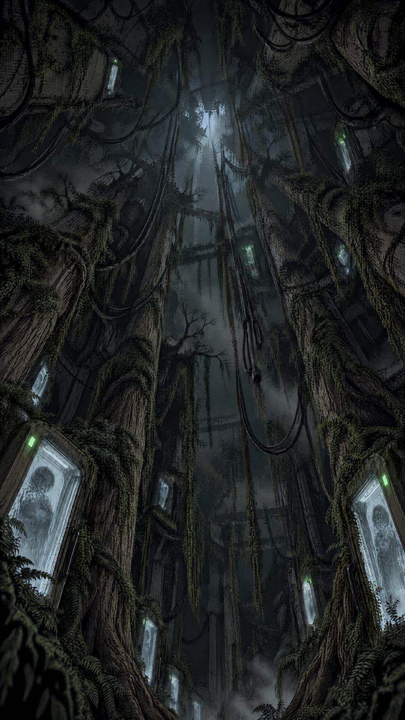 Looking straight up a cylindrical overgrown shaft converging to a dark point
