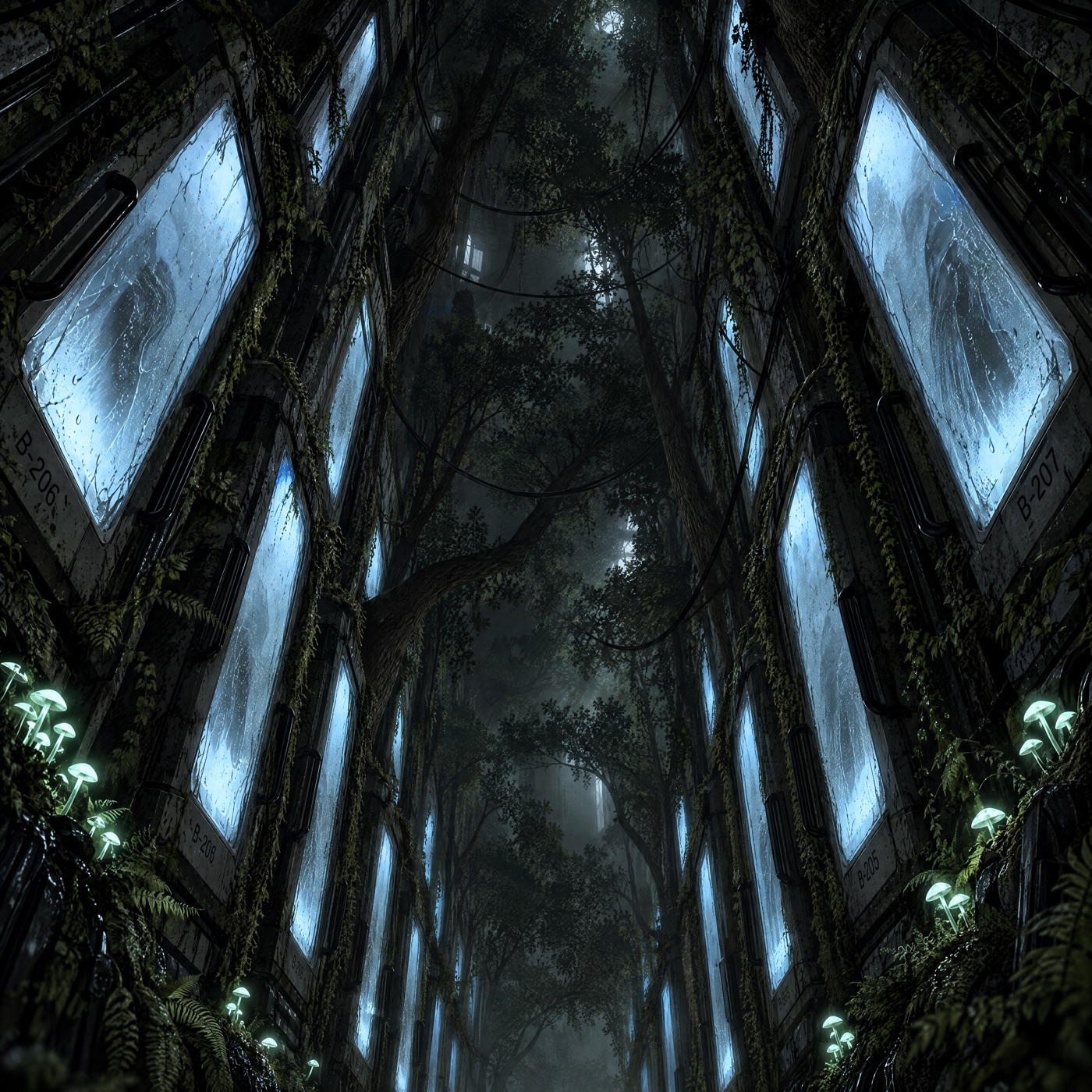 Looking up between two blue-lit pod walls at a tree canopy and a passage receding upward