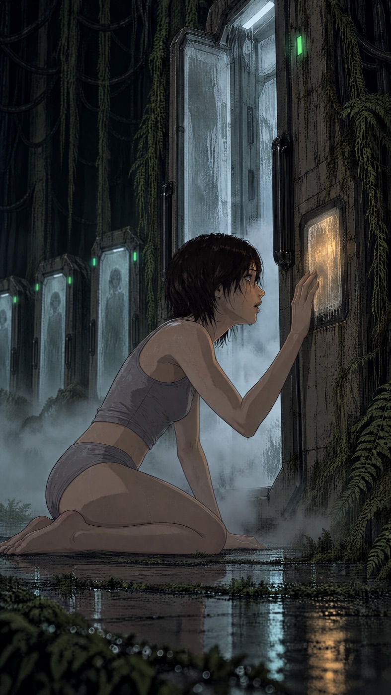The woman kneeling in profile beside her open pod, hand raised to a small frosted amber panel