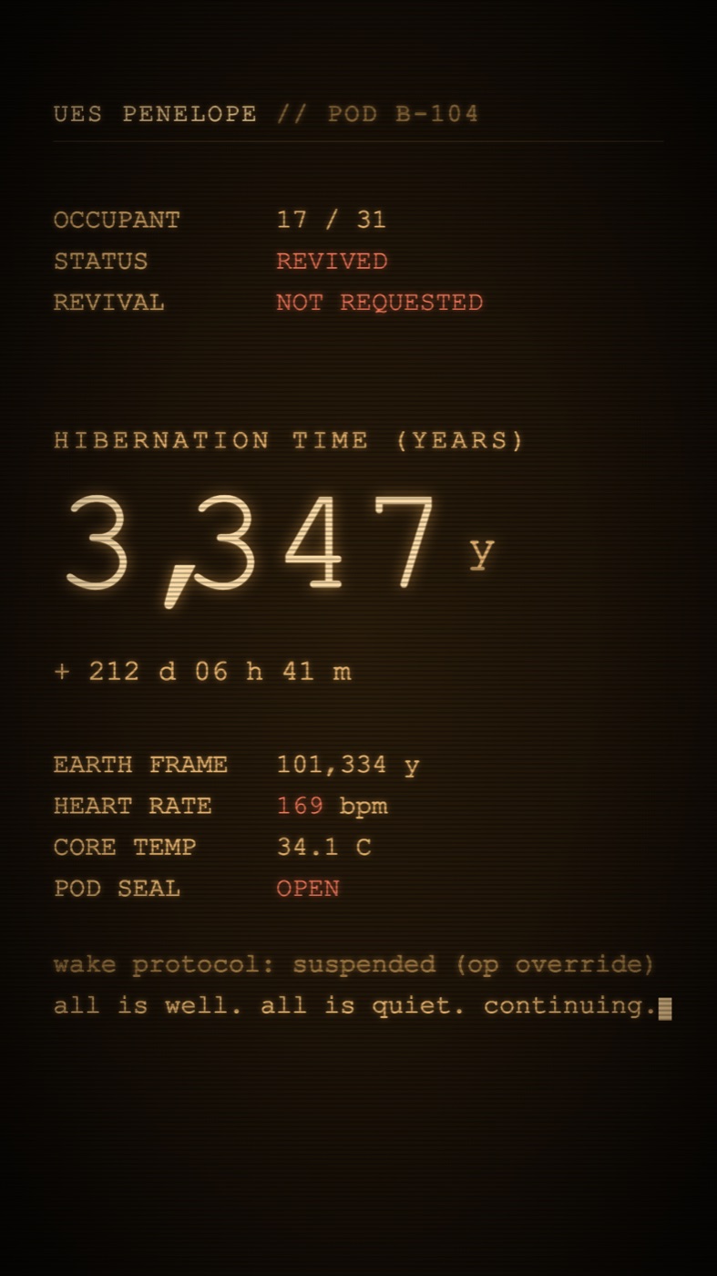 An amber CRT readout: UES PENELOPE POD B-104, occupant 17/31, status revived, revival not requested, hibernation time 3,347 years