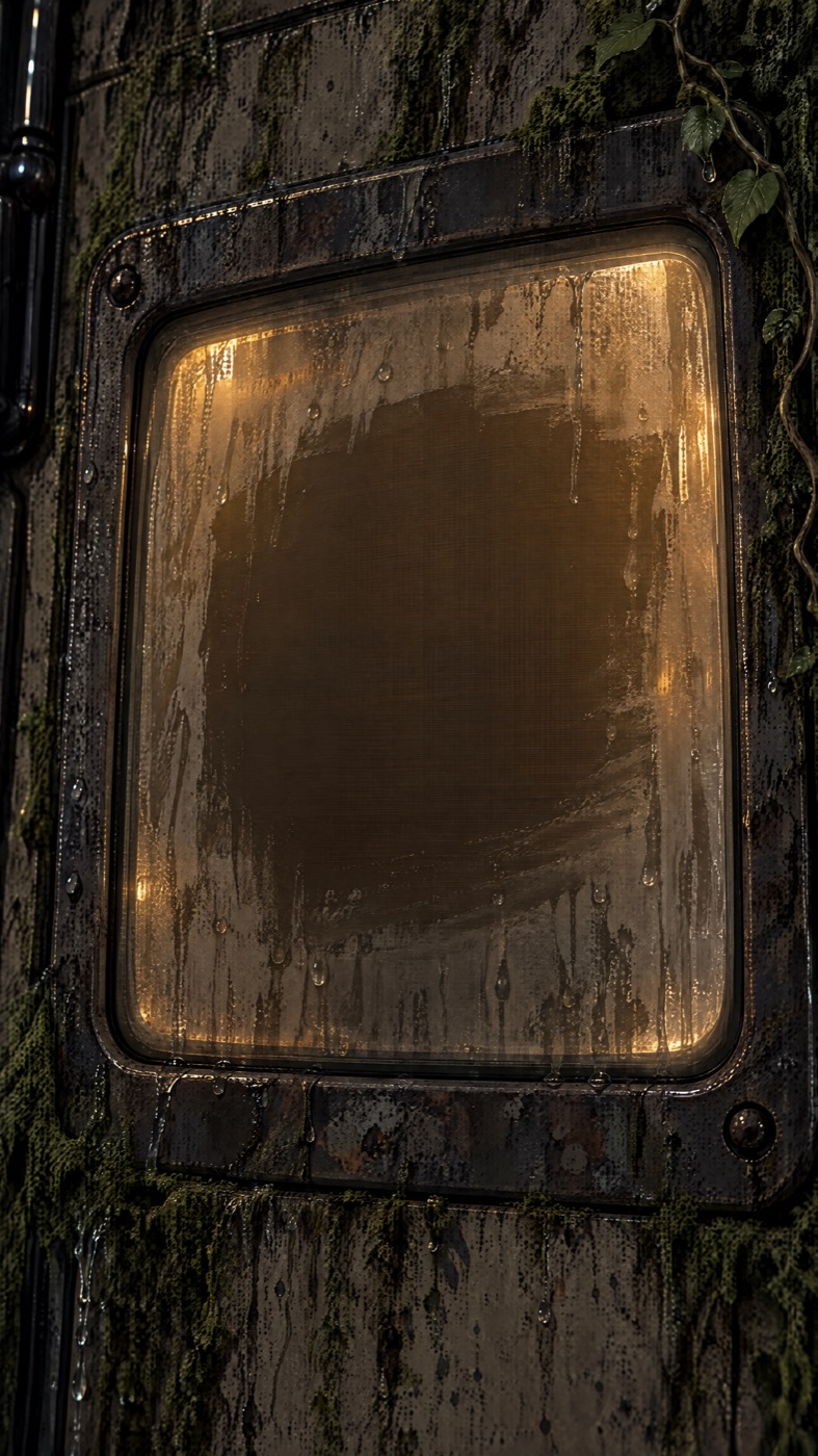 Close-up of a corroded bezel around a frosted amber screen with a hand-wiped clear patch, seen at a slight angle