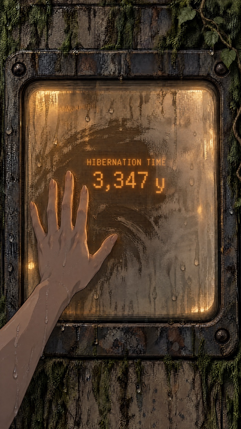 A wet hand pressed flat on the panel glass mid-wipe, the amber text HIBERNATION TIME 3,347 y visible in the cleared arc