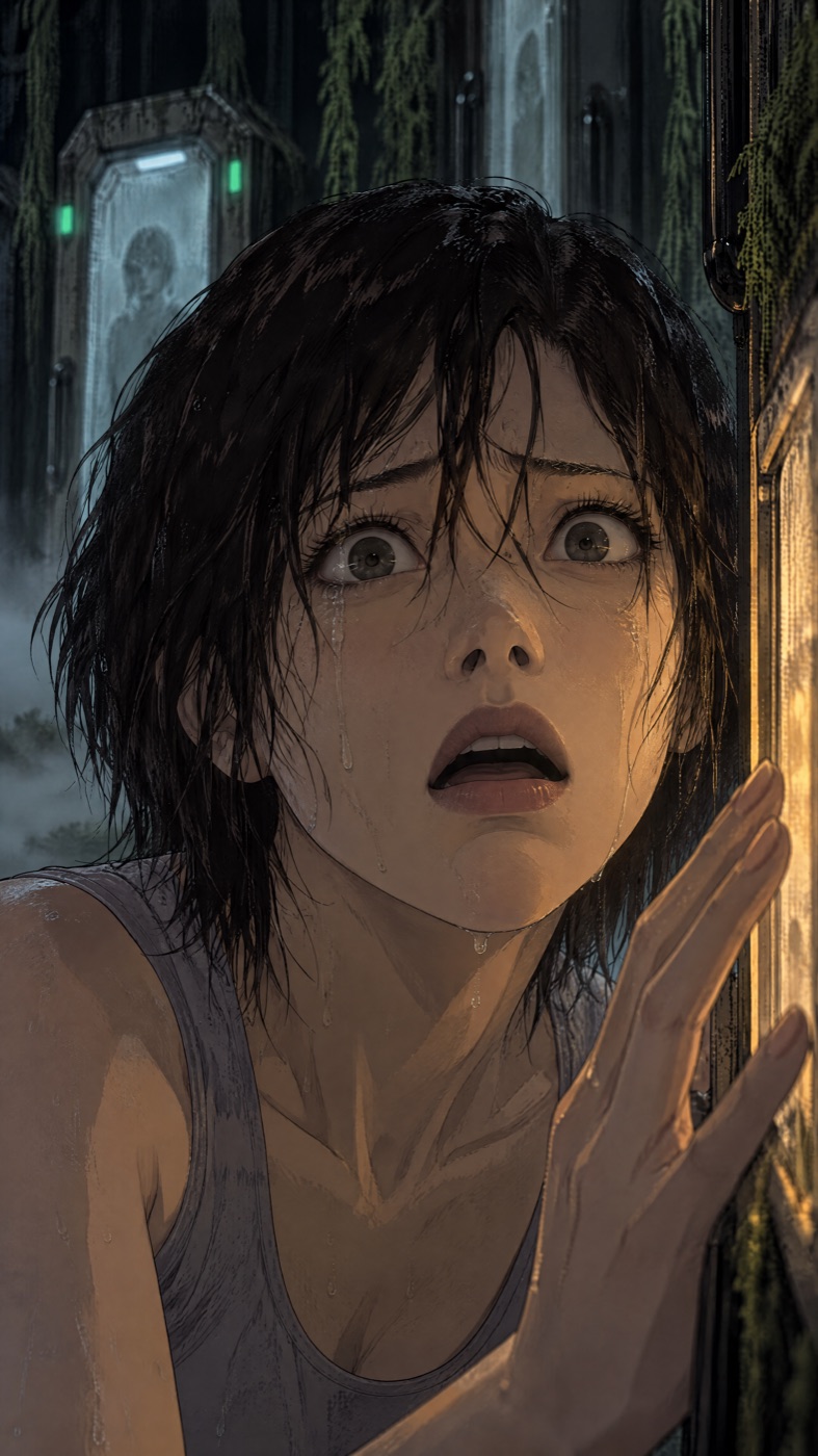 Close-up of the woman with wide wet eyes and tears, hand on the panel, lit amber