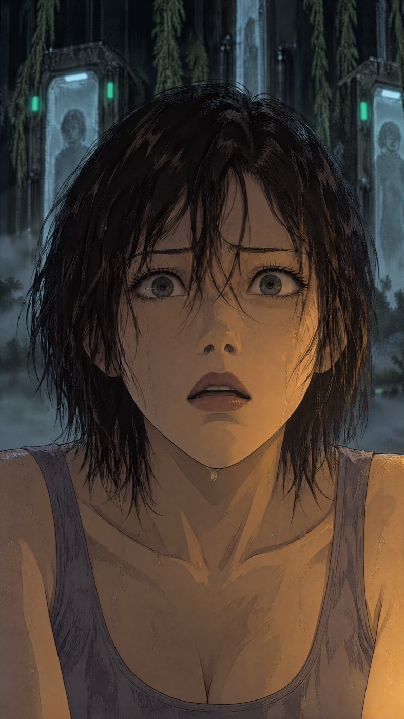 Frontal close-up of the woman, eyes steady and slightly wide, lips barely parted, a drop on her jaw