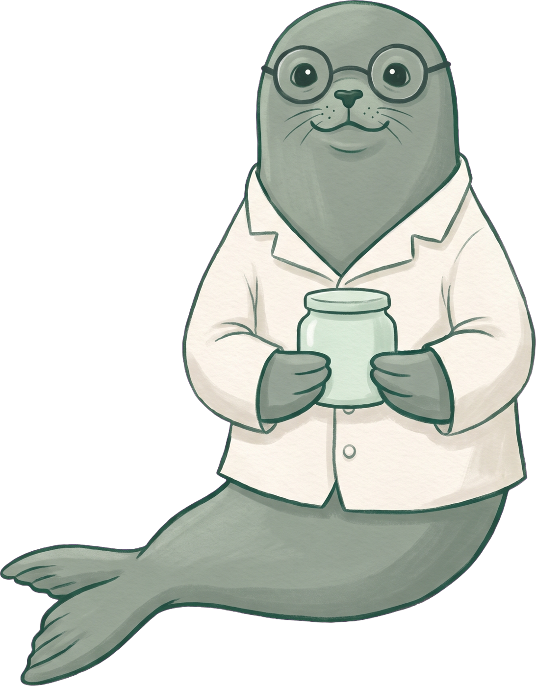 Snuffy, a grey-green harbour seal in round spectacles and an off-white lab coat, holding a small jar of mint cream