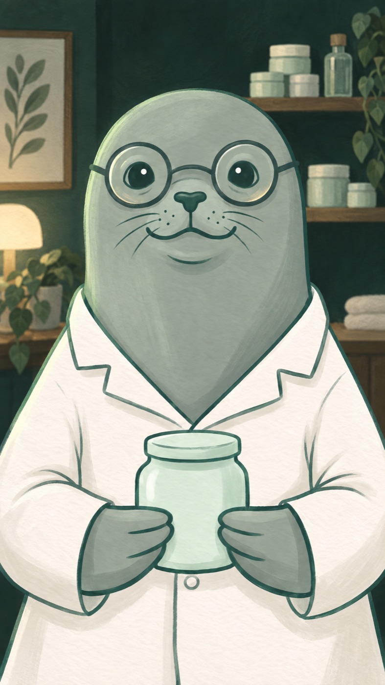 Snuffy chest-up in a dark green consultation room, shelves of cream jars behind him