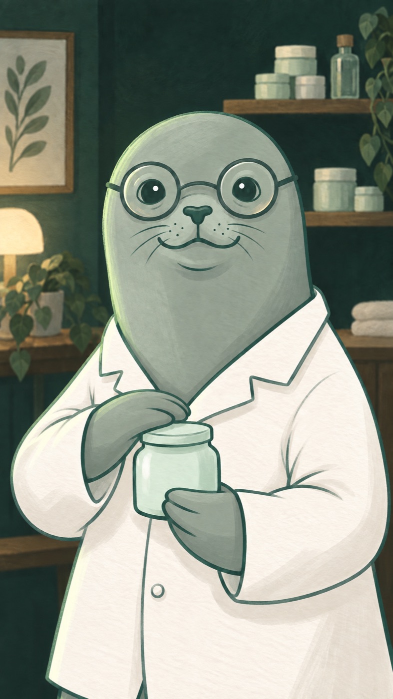Snuffy waist-up, turned three-quarter, one flipper resting on the lid of the cream jar