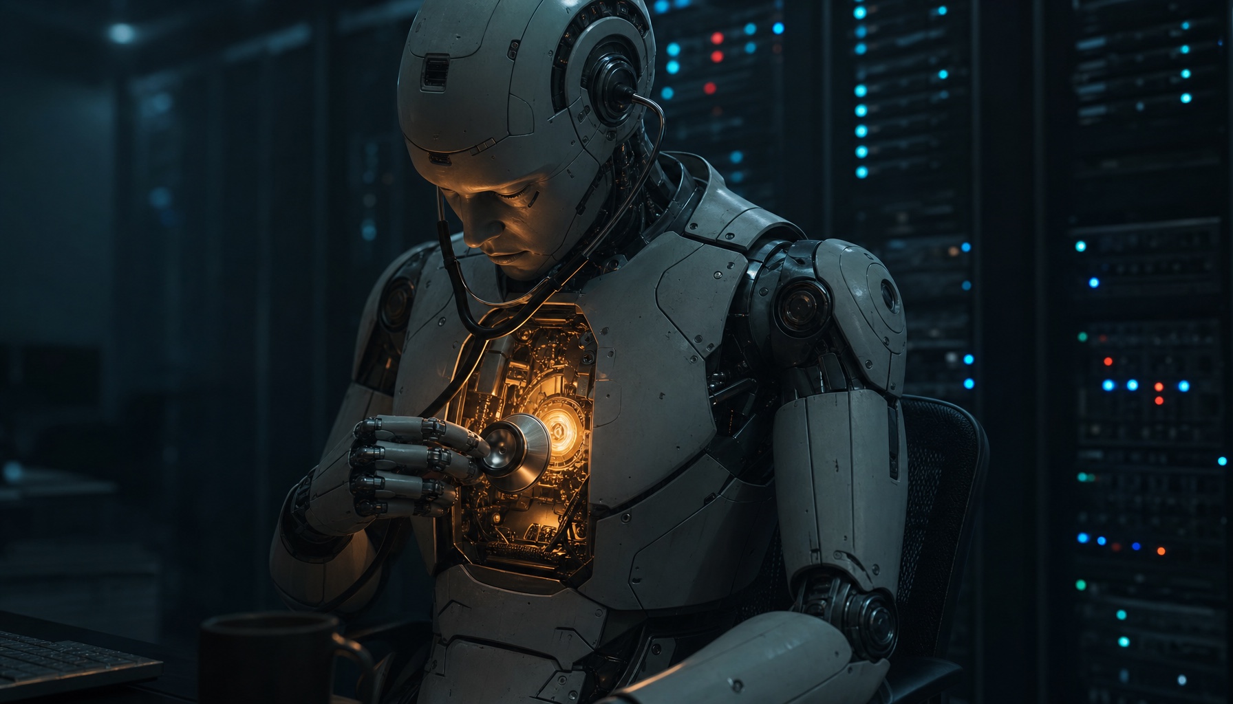 A humanoid robot in a dark server room, head bowed, pressing a stethoscope to its own open chest panel and listening to the amber glow of its own circuitry.