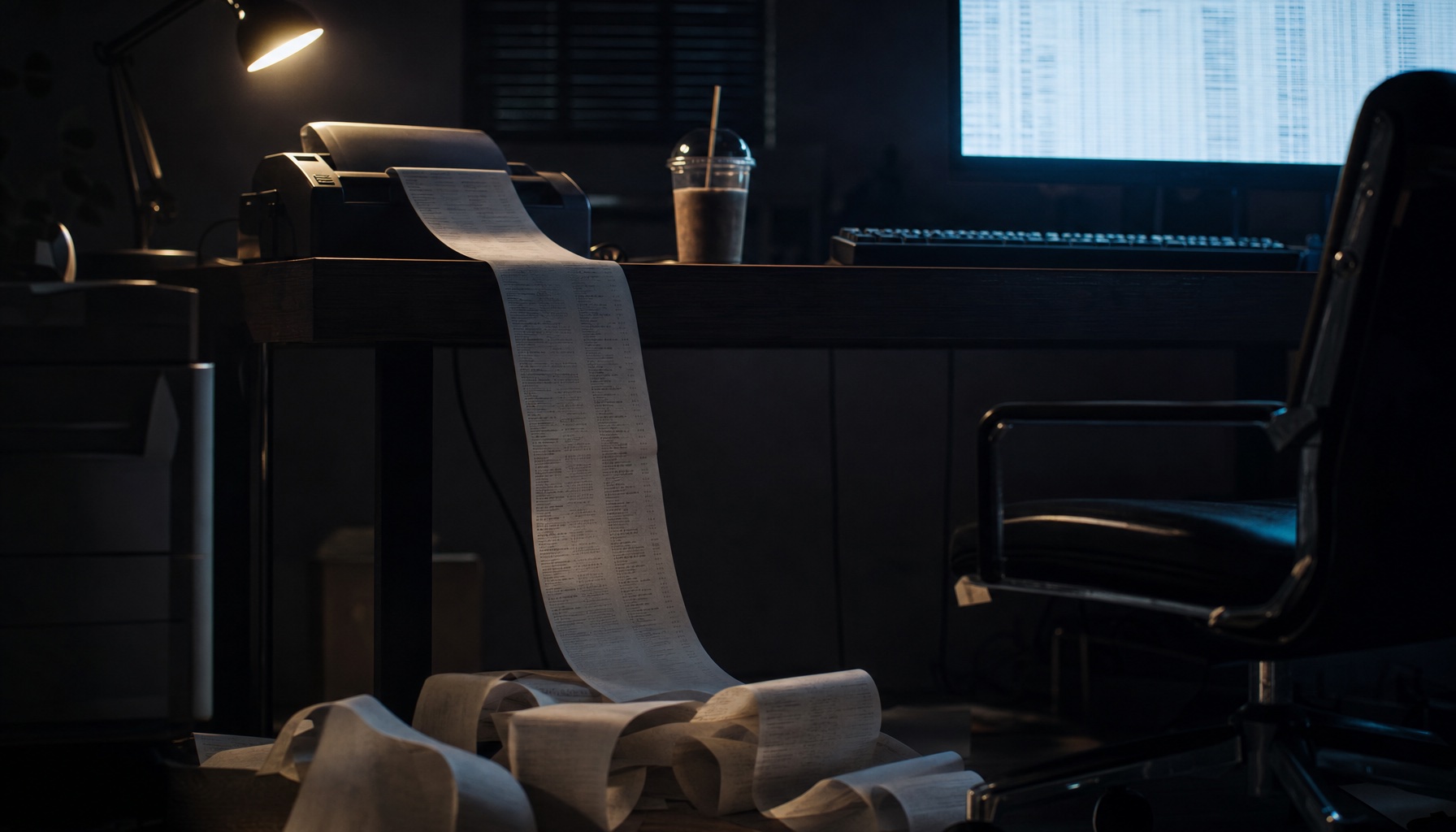 A long thermal-printer receipt unspooling off a dark desk lit by monitor glow, coiling into a pile on the floor — an impossibly long itemized bill in a dim, empty office.