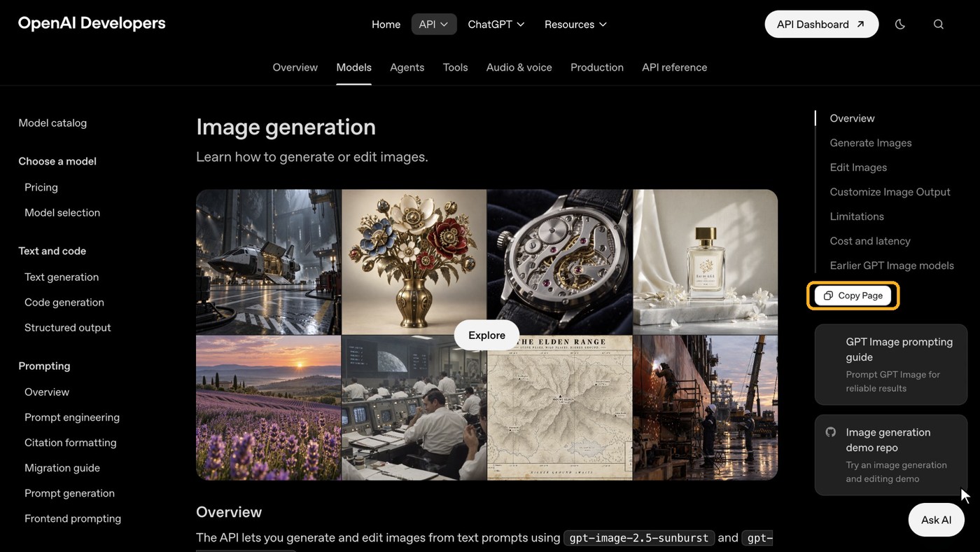 The OpenAI image generation docs, with the Copy Page button under the table of contents.