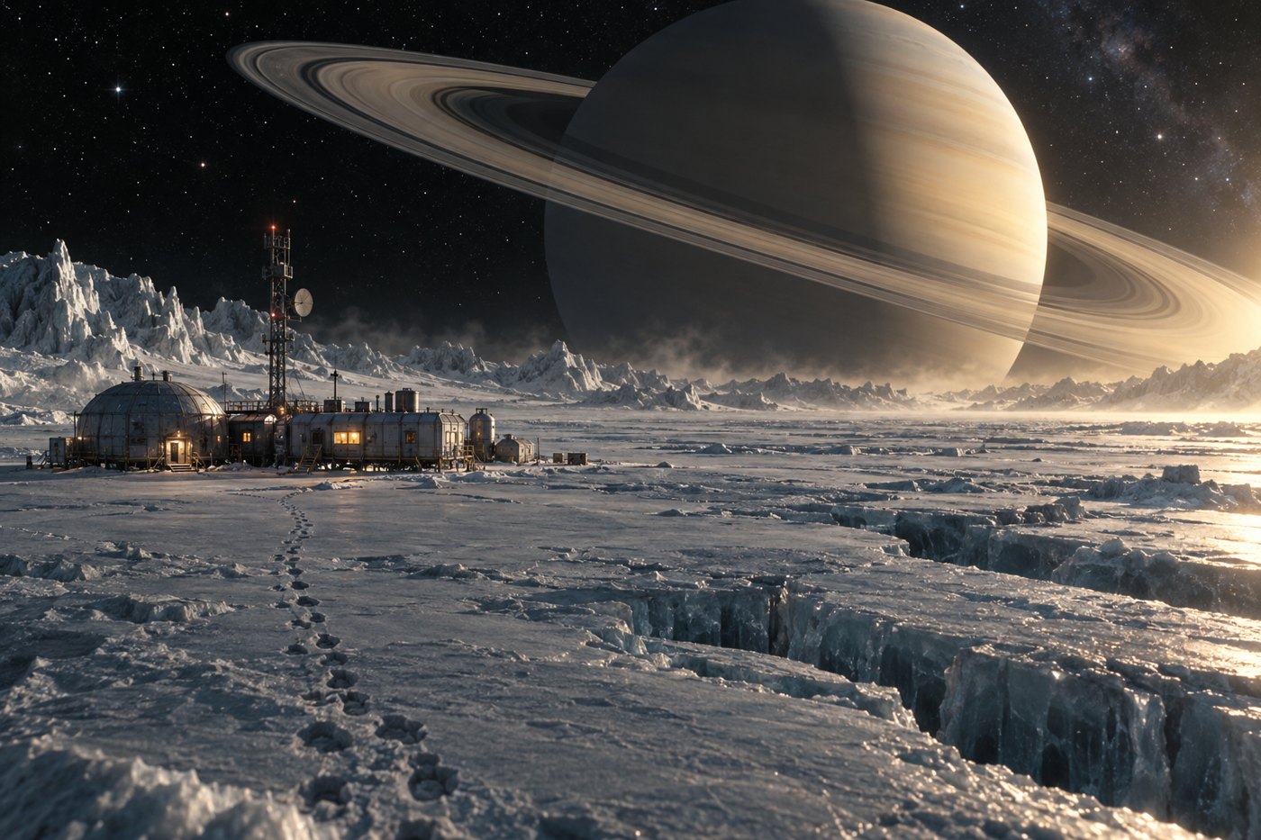 A research station on a frozen moon, Saturn huge in the sky.