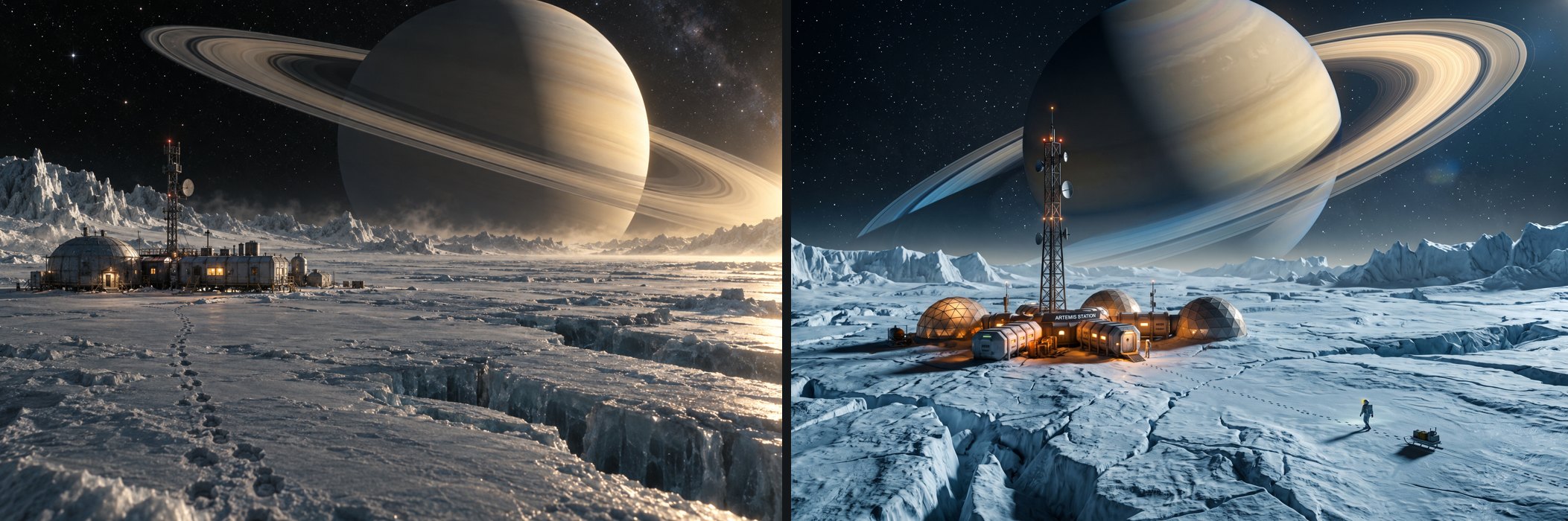 The same frozen moon station, GPT Image 2.5 on the left, Nano Banana 2.1 on the right.