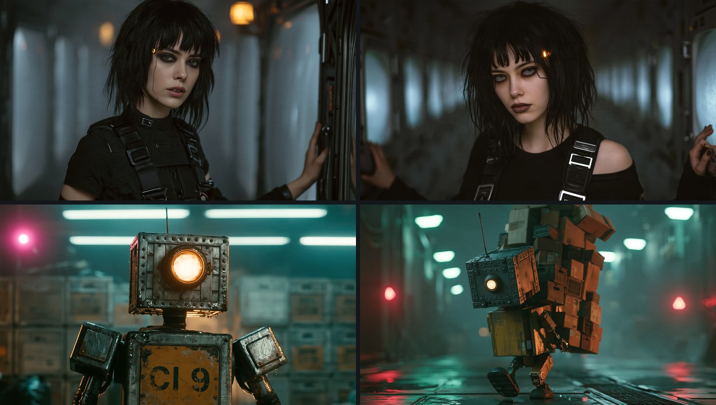 Four Midjourney v8.2 stills from my music videos: an android woman with black hair in a ship corridor, twice, and a boxy cargo robot in a warehouse, twice.