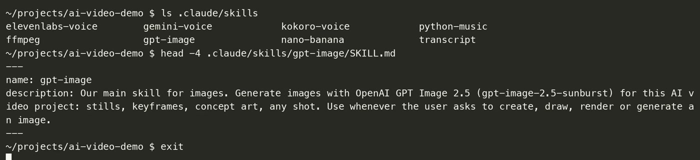 The eight skills the harness wrote for itself in the demo, and the top of the gpt-image skill: its name and description.