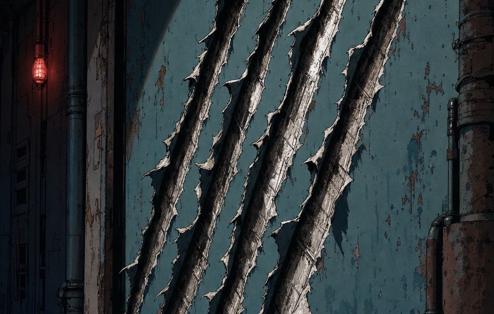 Four deep claw gashes torn diagonally through a painted metal bulkhead, edges peeled back to bare steel, a red alarm lamp glowing in the corridor to the left.