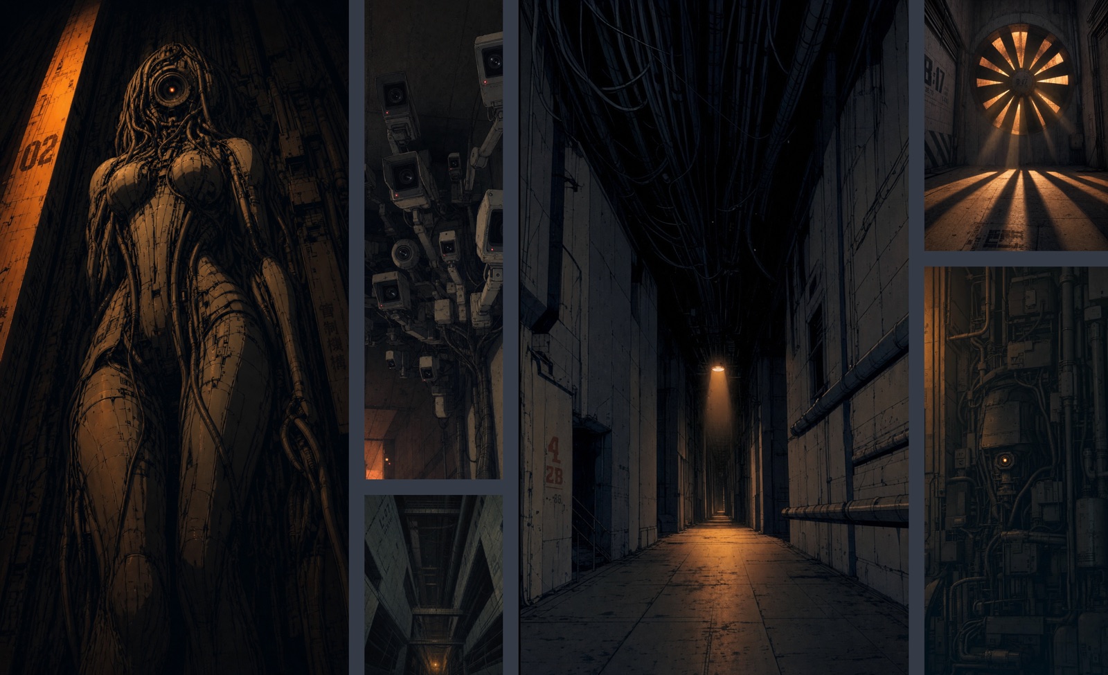 A six-panel mood board of dark sci-fi stills: a cable-wrapped android standing in a lit doorway, a cluster of security cameras, a long empty corridor under a single lamp, a ventilation fan throwing spokes of light across a floor, and a wall of pipes and machinery.