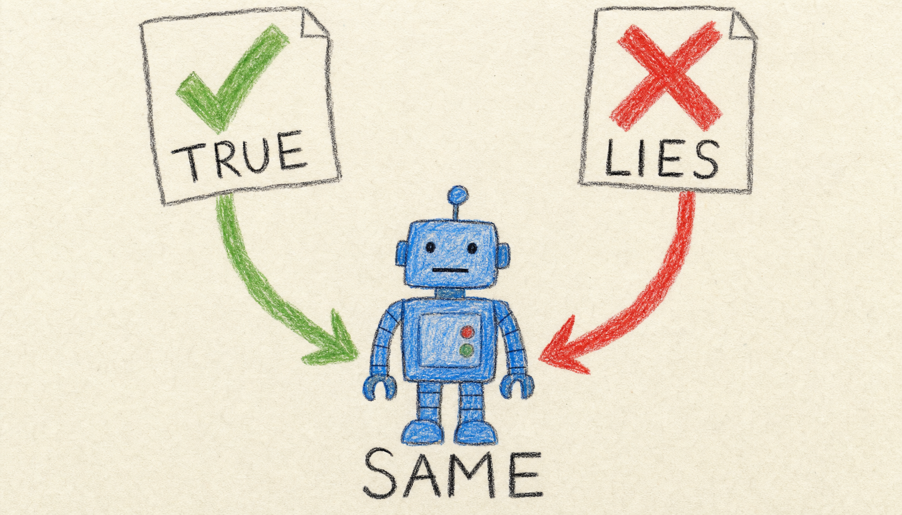 A child's crayon drawing: a TRUE card with a green check and a LIES card with a red cross, two arrows curving down to the same plain robot, labeled SAME.