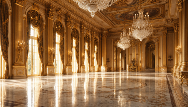 Empty ballroom background plate, no character.