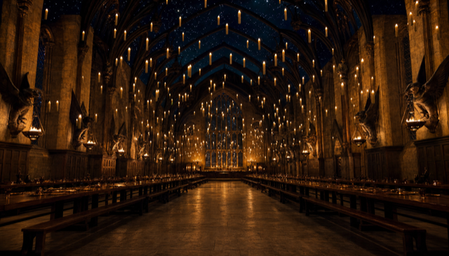 Empty wizarding great-hall background plate, no character.