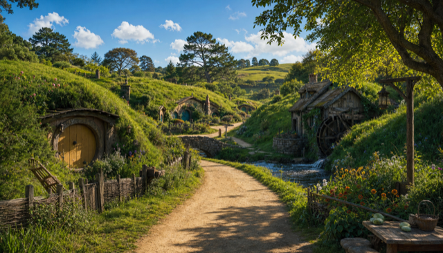 Empty Shire hobbit-village background plate, no character.