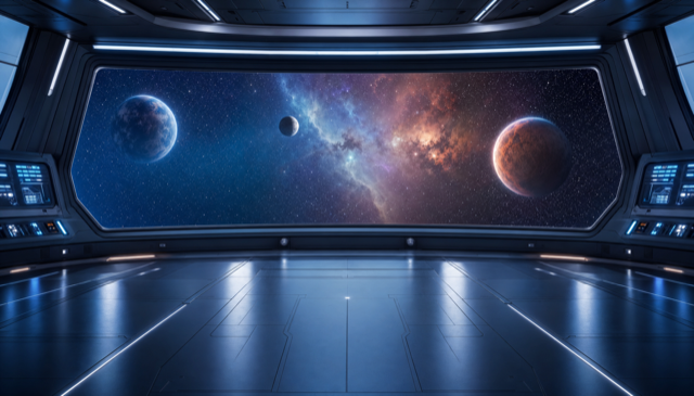 Empty starship-bridge background plate, no character.