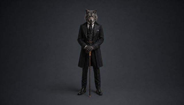 The wolf-headed Victorian Host with a cane, isolated on a neutral grey backdrop, no scene around him.
