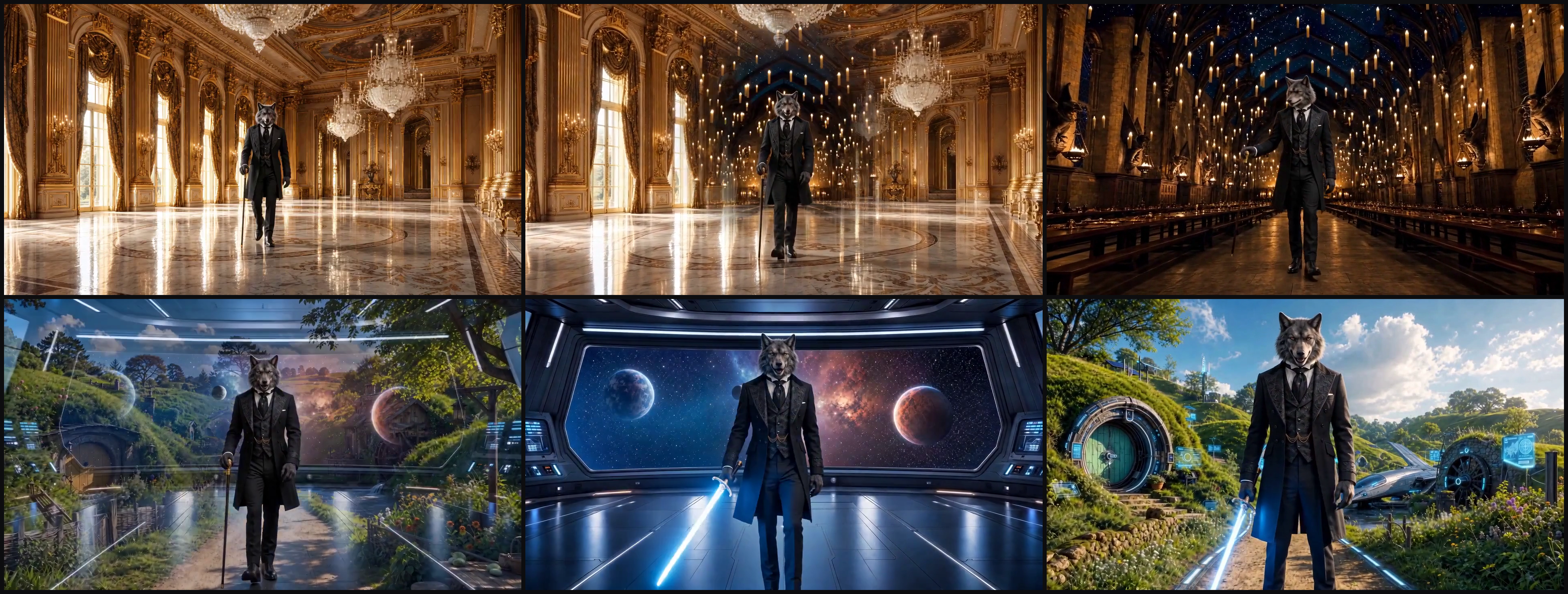 Six frames from the 14-second intro, showing the wolf Host walking through a ballroom, Hogwarts, the Shire, a starship, and a high-tech Shire mashup while staying the same character throughout.