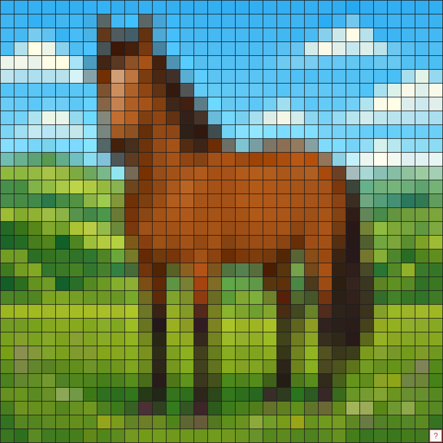 A 32x32 pixel image of a horse in a meadow, enlarged with a grid, the last bottom-right pixel missing