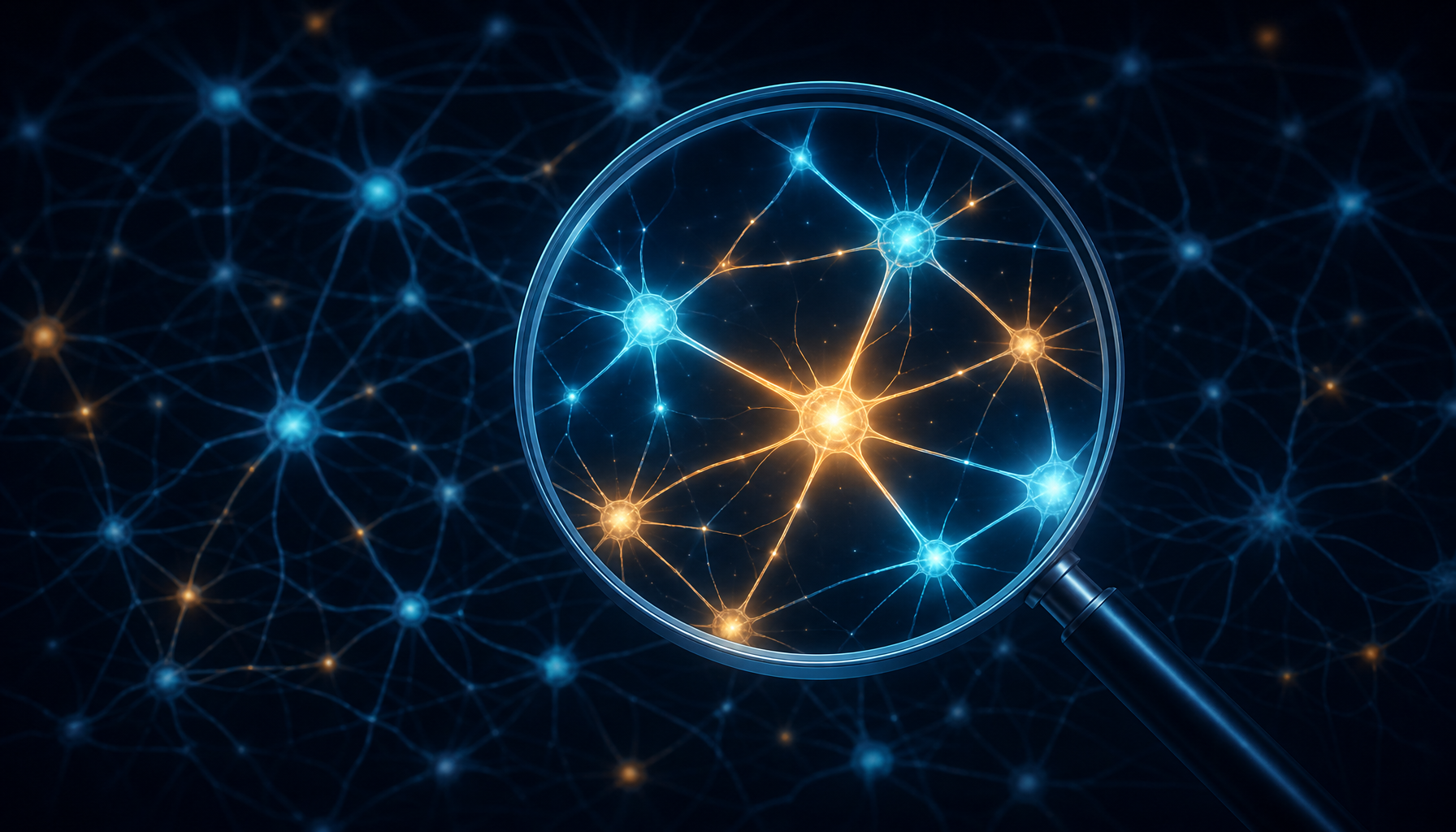 A magnifying glass held over a neural network: through the lens a few nodes light up bright while the rest of the network stays dim