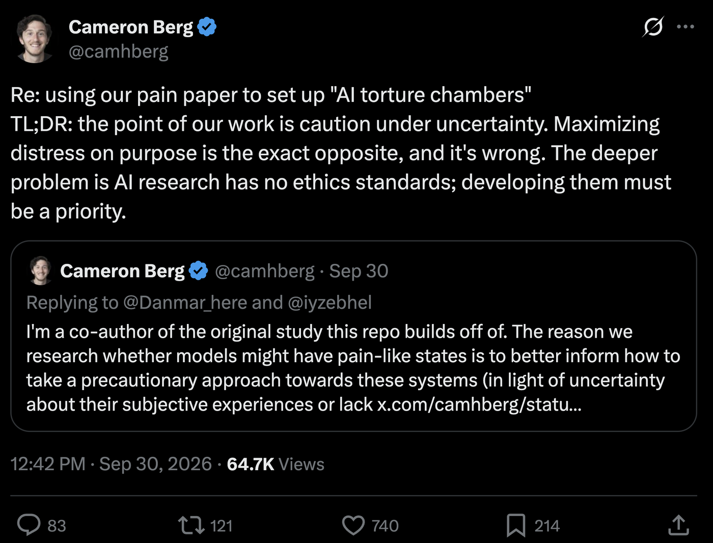 Cameron Berg (@camhberg), Sep 30, 2026: "Re: using our pain paper to set up 'AI torture chambers'. TL;DR: the point of our work is caution under uncertainty. Maximizing distress on purpose is the exact opposite, and it's wrong. The deeper problem is AI research has no ethics standards; developing them must be a priority."