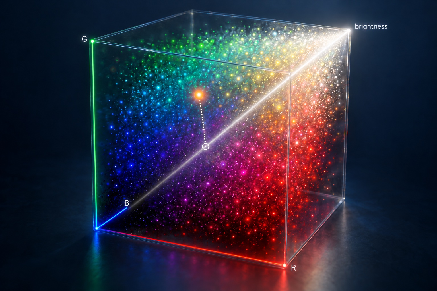 A glowing glass cube filled with colored points of light, with red, green and blue edges, and a beam running from the black corner to the white corner labeled "brightness". An orange point drops a dotted line onto the beam